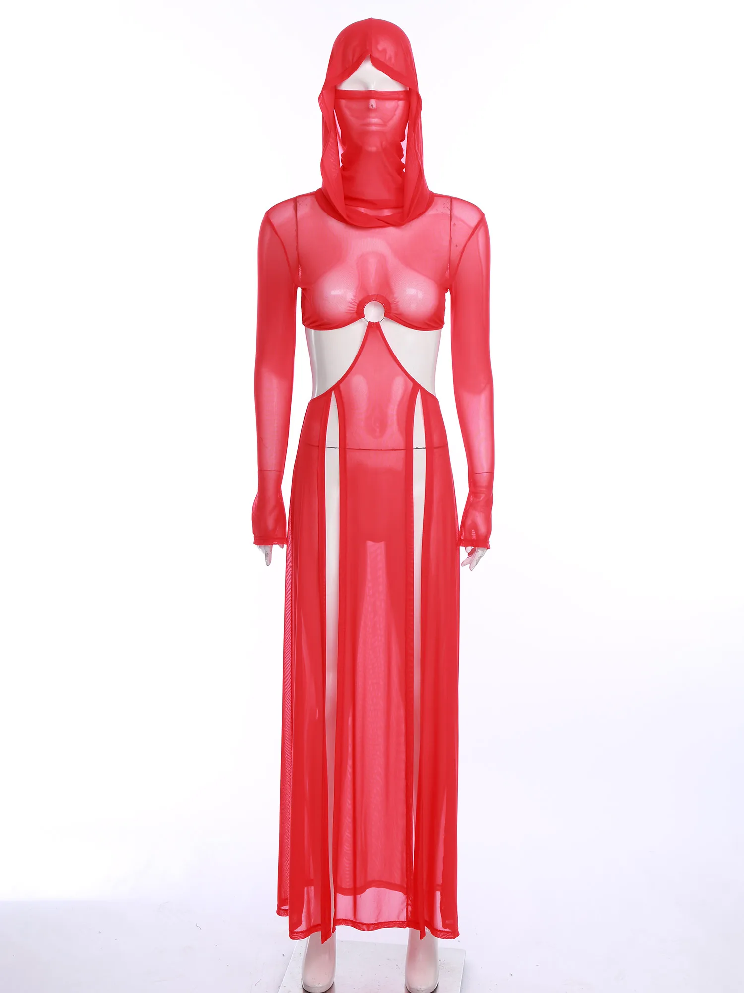 

Women Sexy Hollow Out High Slit Sheer Dress Hooded Face Mask Lingerie Long Sleeves Cover Up Mesh Maxi Dresses Nightwear Clubwear