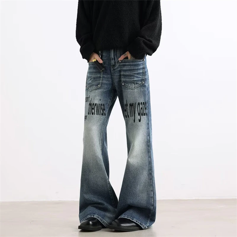 2026 New Men's Front Pocket Design Blue Cargo Denim Trousers Letter Printed Y2K Baggy Jeans Hip Hop Streetwear Punk Jean