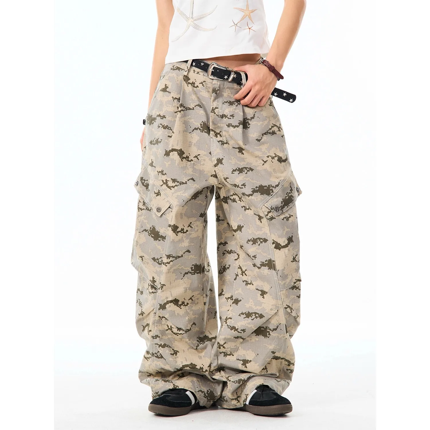 

Мужские джинсовые джинсы с морщинистым камуфляжем пустыни, свободные широкие брюки для десантника High Street, женские мешковатые брюки Y2k с большими карманами