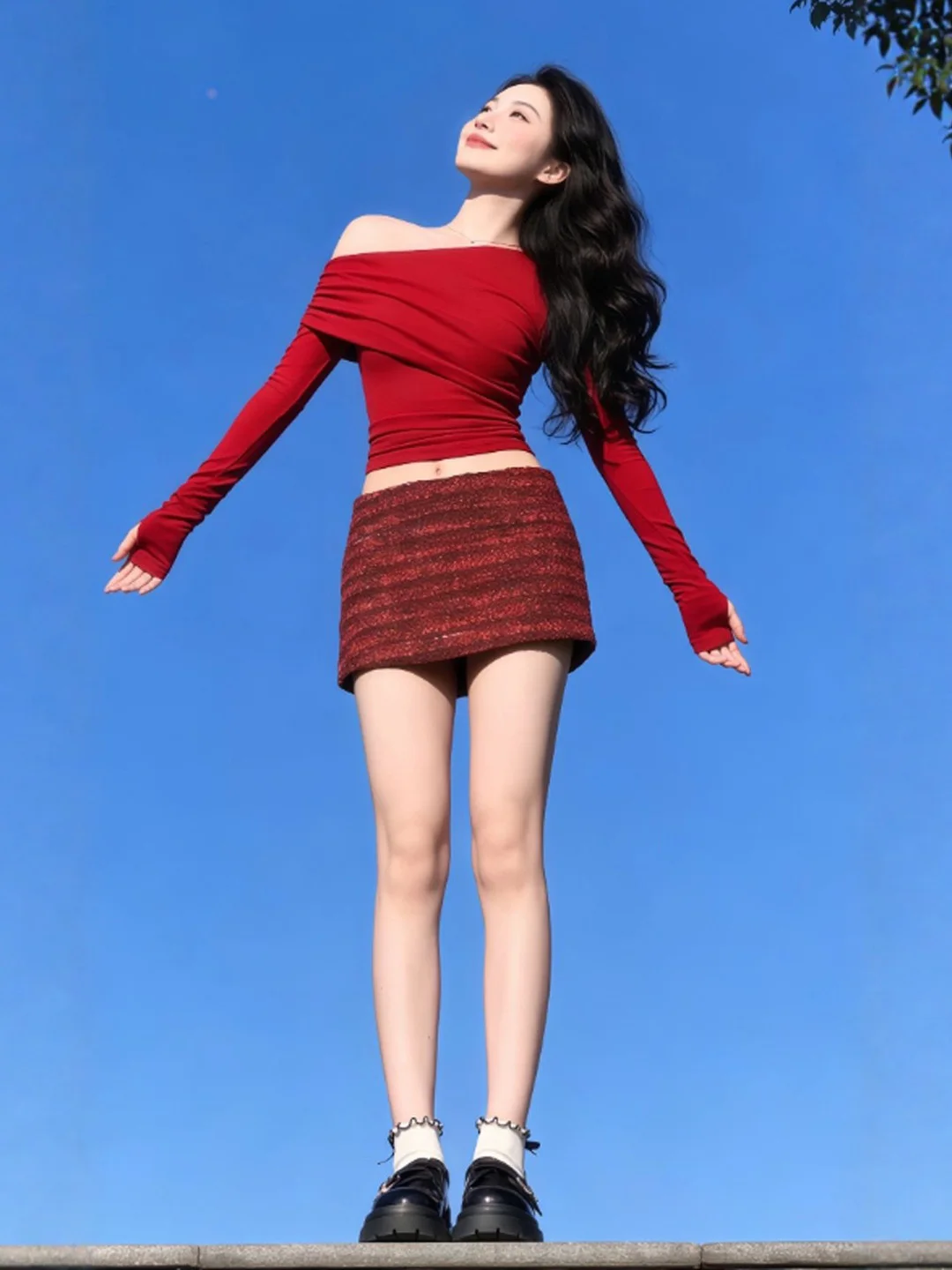 

Sexy f-length Skirt And Top Set in Red for Spring Comfortable Slim-fit Design oulder-baring Sle Trendy And Faionable