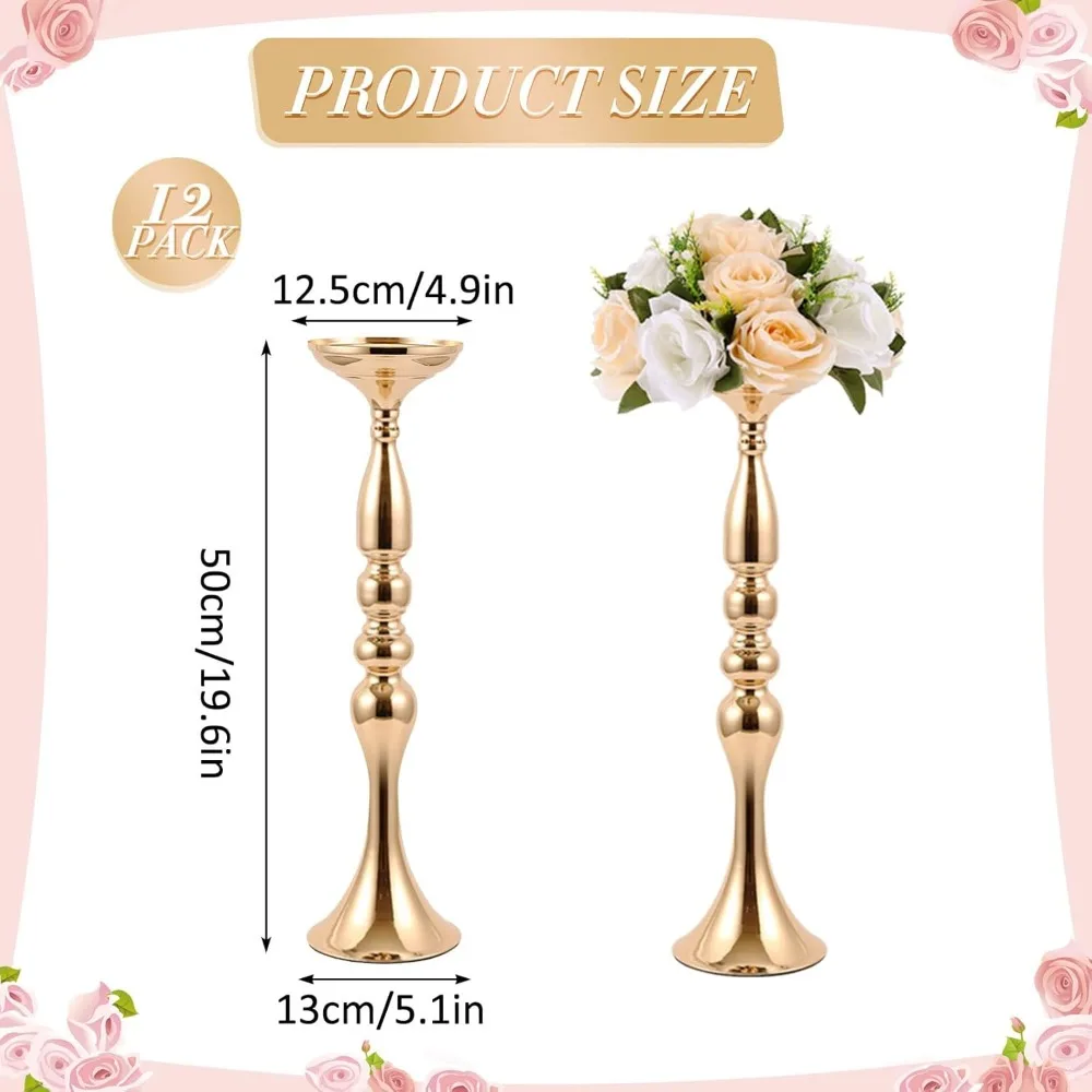 12 Pcs Gold Metal Flower Wedding Centerpieces Stand for Table Tall Versatile Flower Stand Pillar Candle Holder for Party