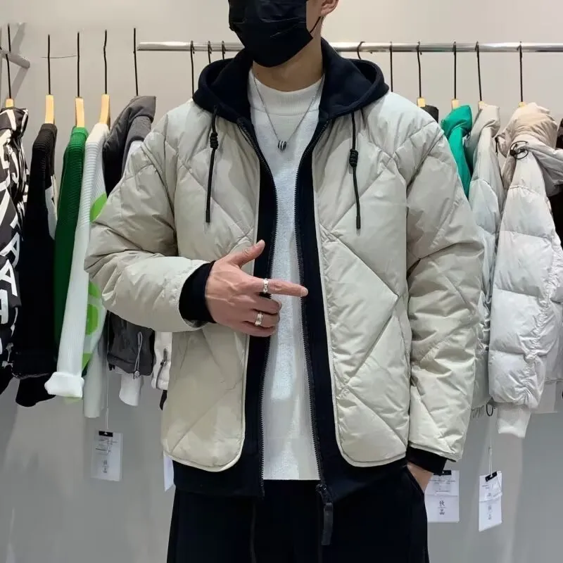 

Winter Men's Warm Hooded down Cotton Jaet Thiened Sli Fake Two-Piece Cotton Coat Outerwear Waterproof Zipper Closure