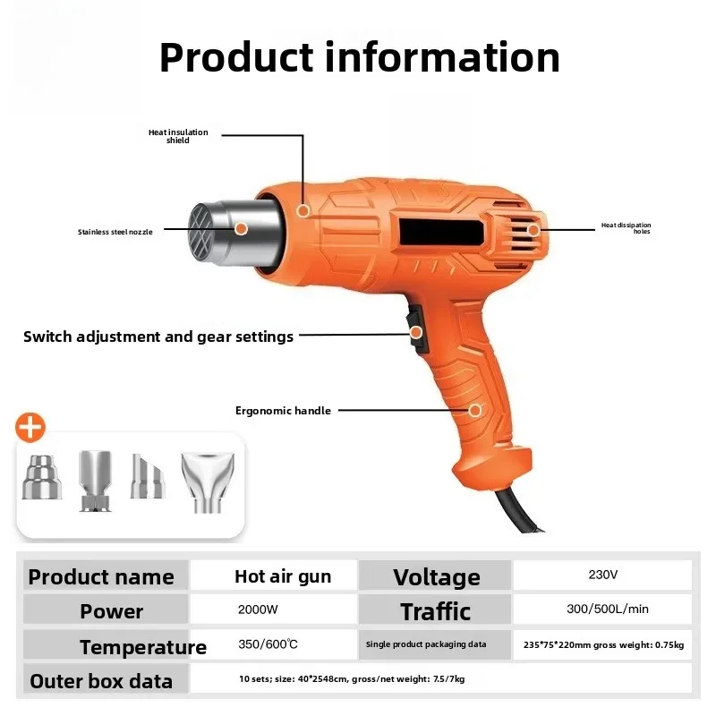 Utility Hot Air Gun 2000W High Temperature Baking And Temperature Regulation Automotive Film Industrial Grade Handheld