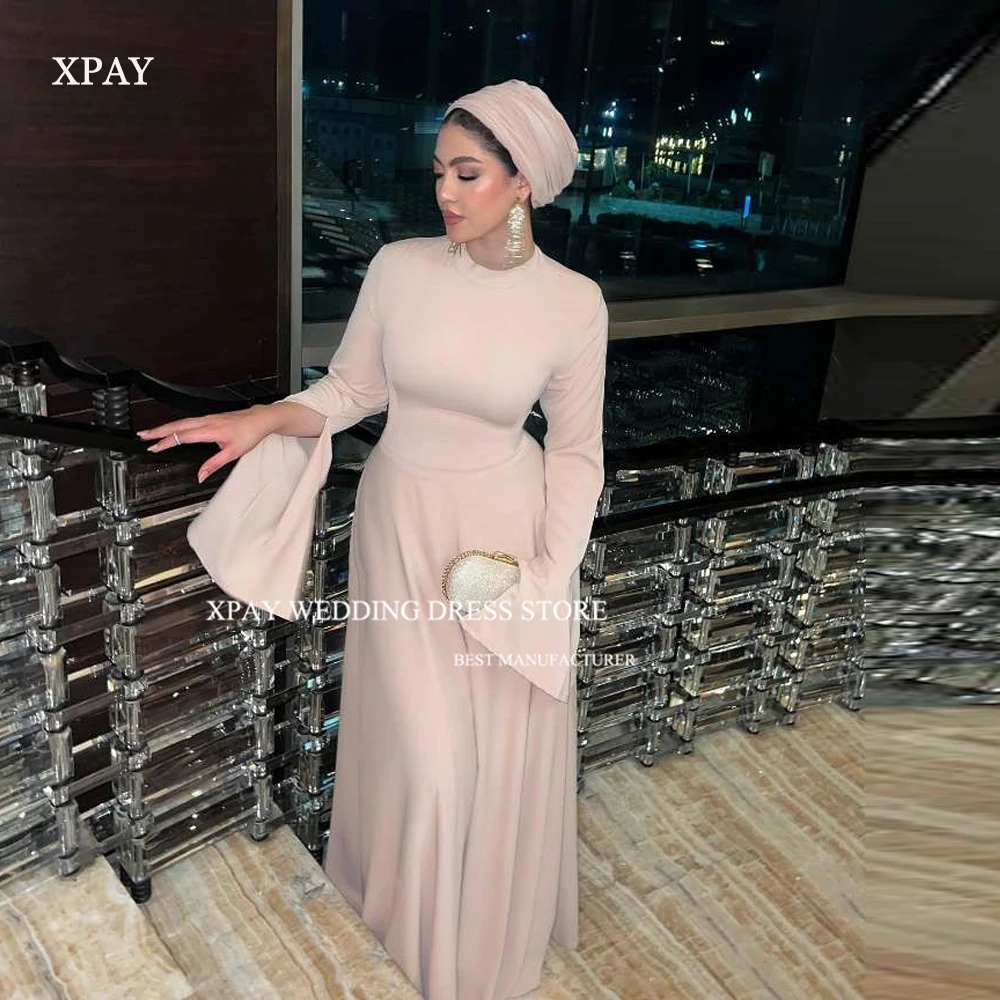 XPAY Simple Blush Pink A Line Muslim Arabic Evening Dresses Modest O-Neck Flare Long Sleeves Formal Prom owns Party Dress