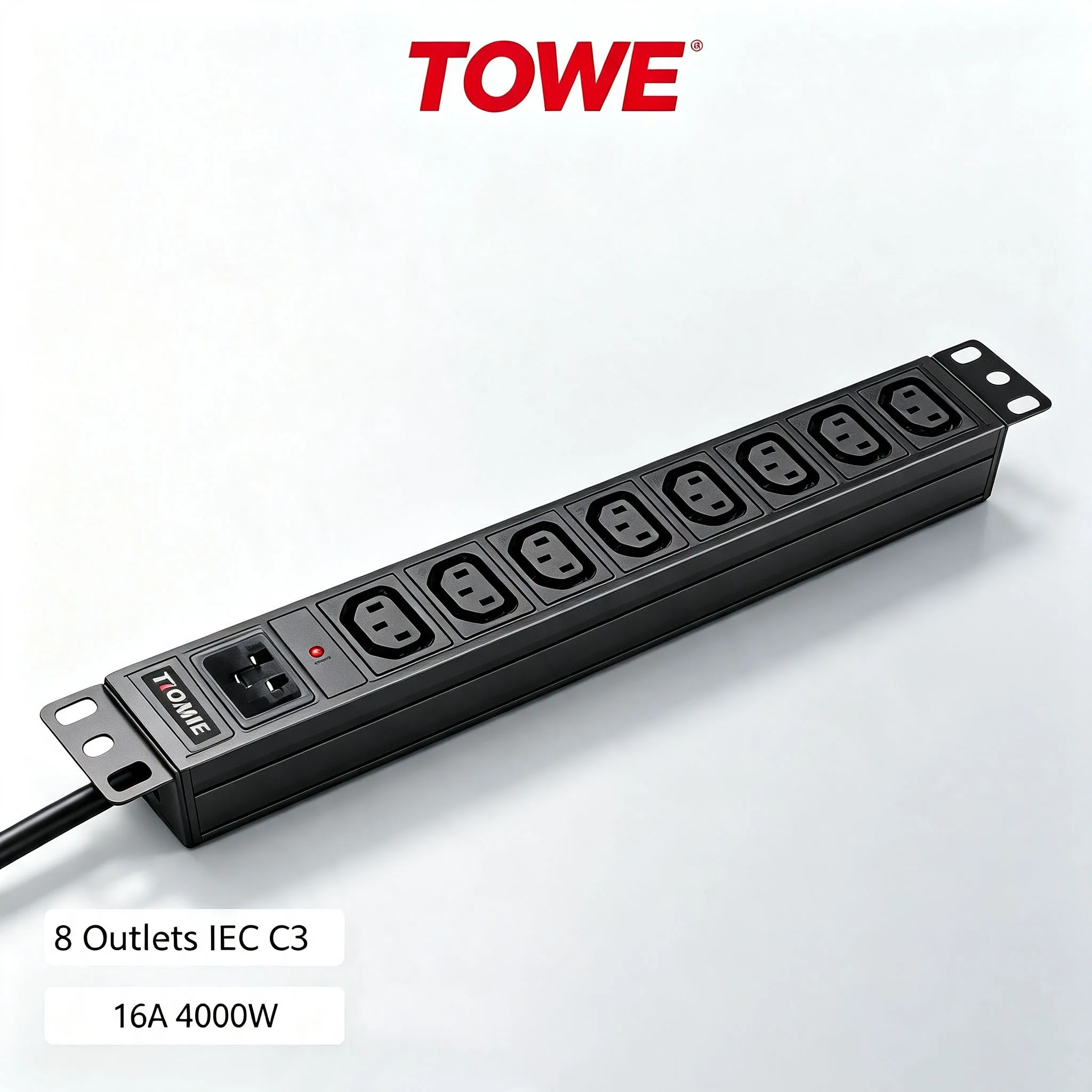 TOWE 1U Rack Mount PDU 8 IEC C13 Outlet Power Strip 16A 250V Metal Server Rack Power Distribution Unit C20 Input