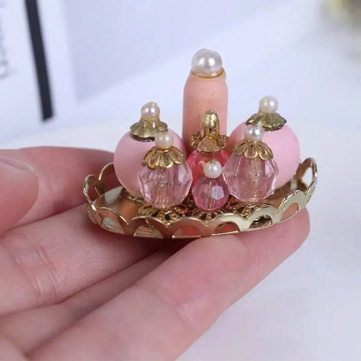 1:12 Dollhouse Miniature Perfume Bottle Set with Gold Tray Mini Cosmetic Decor DIY Doll House Accessories view 5