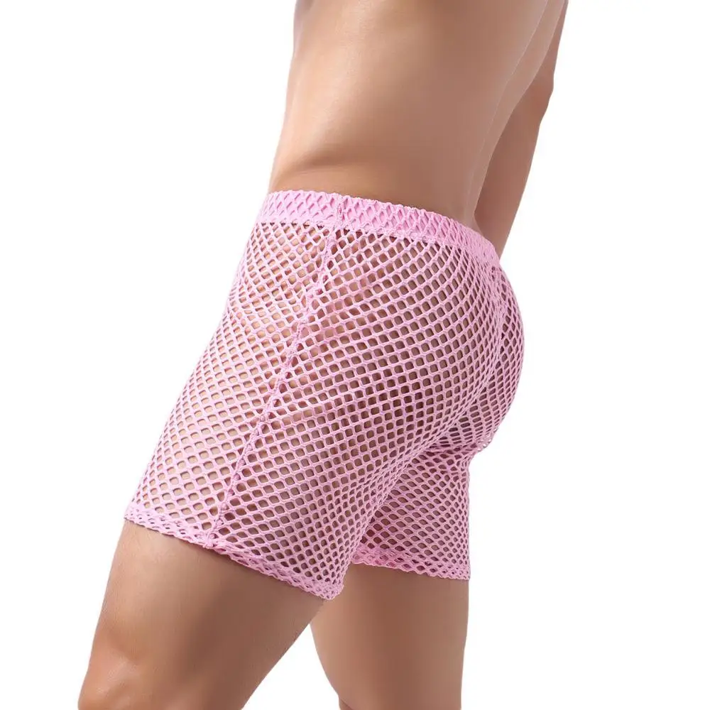 Sexy Big Mesh Boxer Shorts Men Underwear Pajamas Shorts Hollow Fishnet Underpants Boxershorts Casual Fitness Men Sleep Bottoms