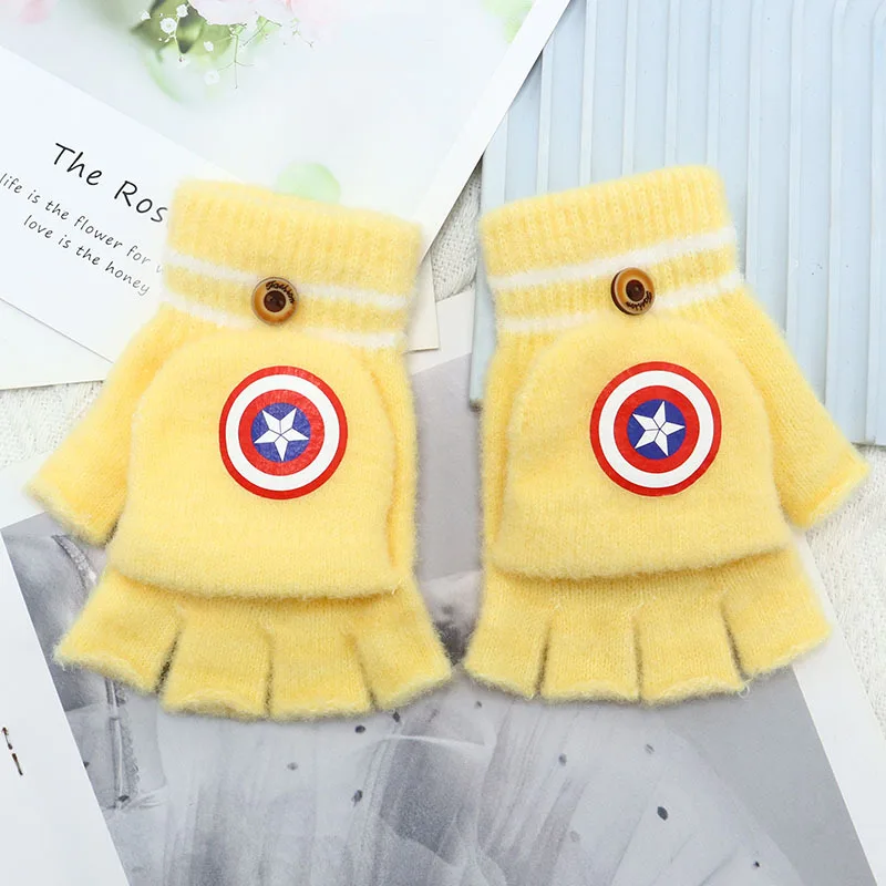 MINISO Marvel Captain America shield children\'s half-finger warm gloves winter padded knitted cartoon flap cold gloves