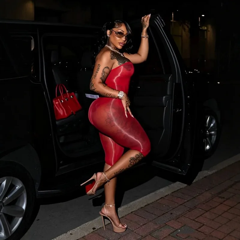 Super Stretch Shiny Glossy Body Stocking, Sexy See Through Wrap Bust Capri Jumpsuit Night Club Bodysuit