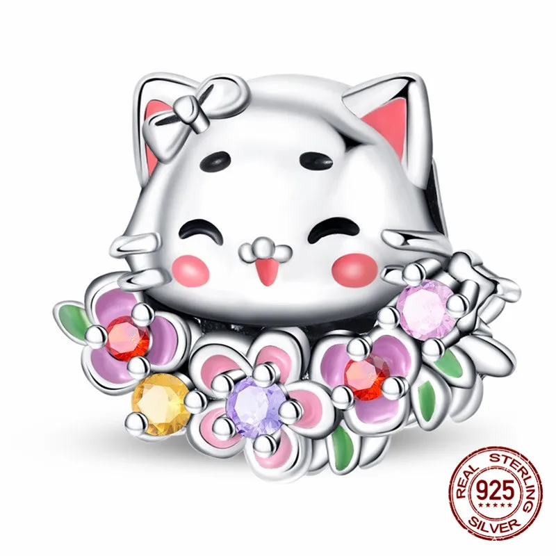 

A charming 925 sterling silver zircon kitten pendant bead paired with an original bracelet a DIY womens jewelry gift