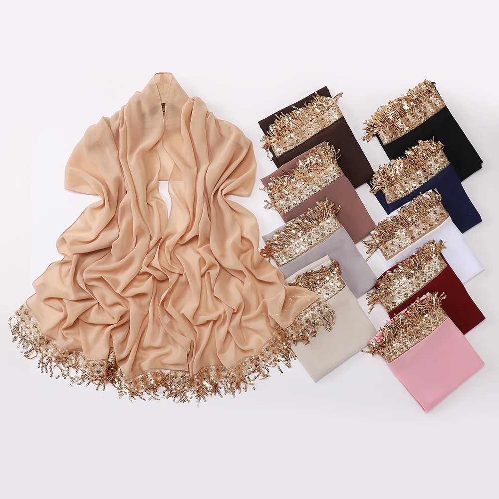 Neuer Pailletten-Quasten-Hijab Luxuriöse Chiffon-Schals Muslimischer Hijab Schlichte Lange Schals Damen Kopftuch Stirnband – Detail 3