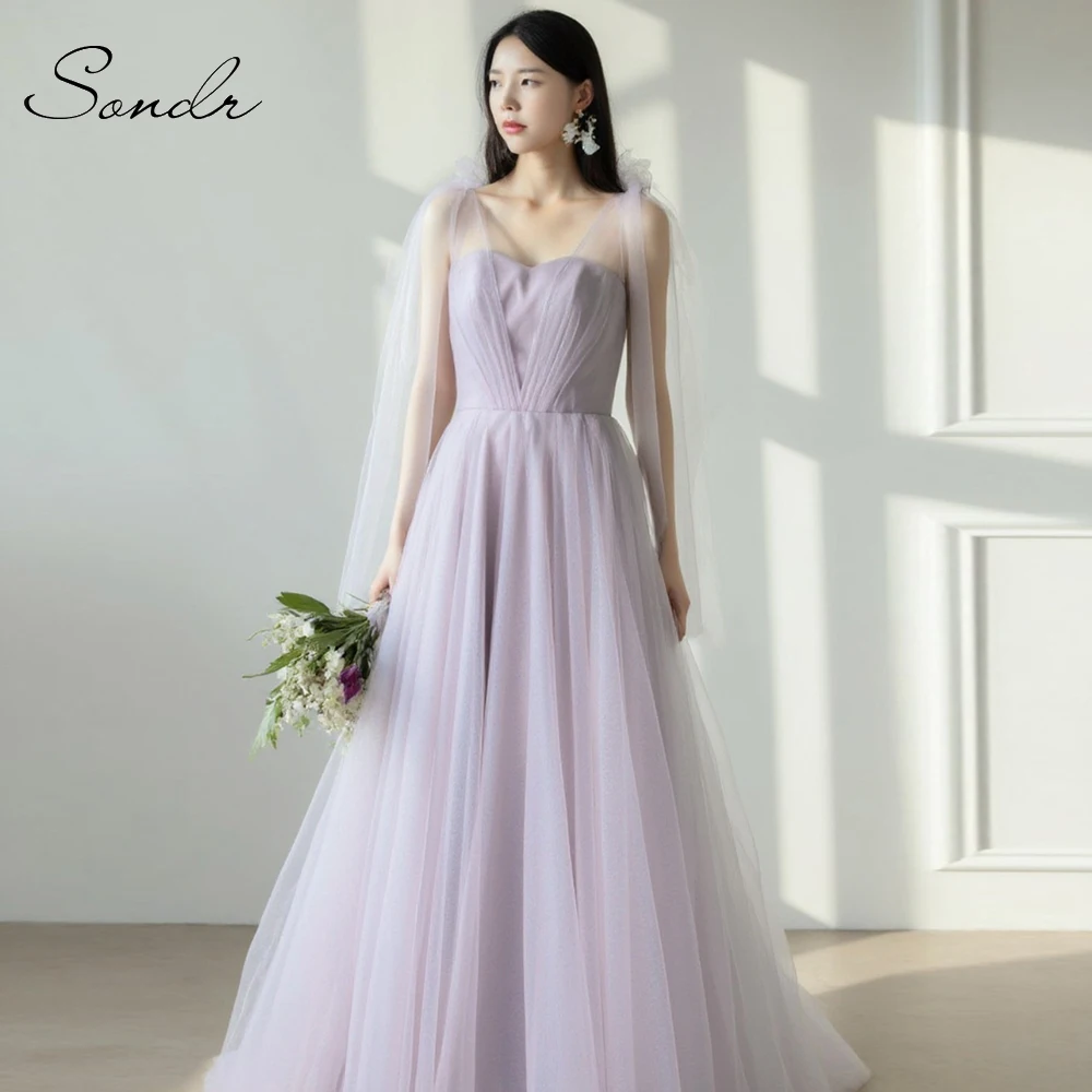 Sondr Lavendel Koreaanse Trouwjurken Verstelbare Bandjes Avondjurken Aangepaste Zachte Tule Een Lijn Corset Terug Feestjurk
