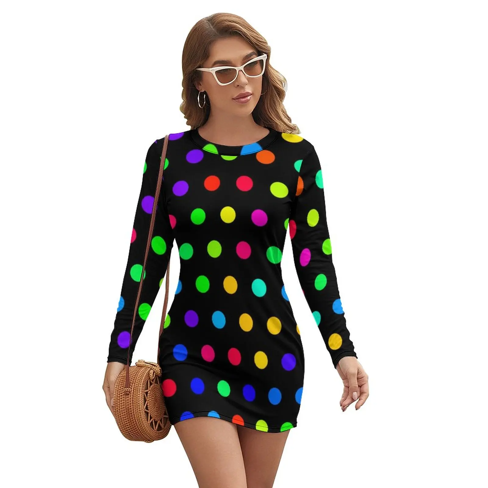 Cute Rainbow Polka Dot Bodycon Dress Spring Colorful Polka Dots Modern Night Club Dresses Women Long Sleeve Printed Basic Dress