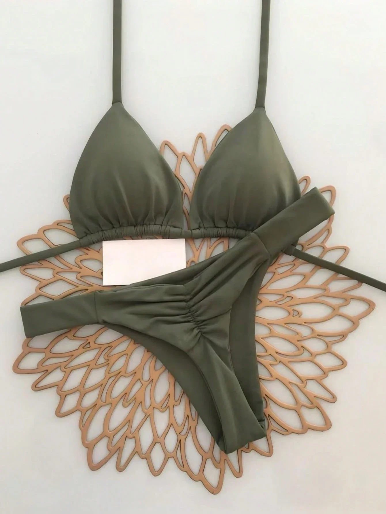 

Olive Green Solid Triangle Bikini Set Wire Free Low Waist Beach Swimwear