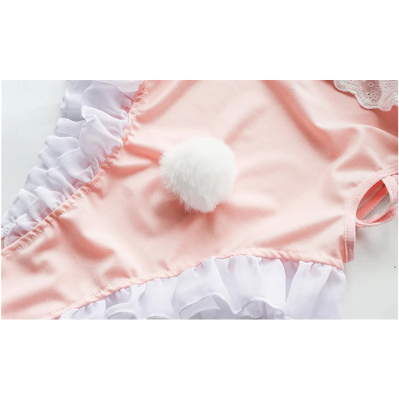 Anime Cute Cat Girl Pink Sweet Bodysuit Swimwear Ruffled Halter Underwear Cosplay Costume Bunny Lingerie Roleplay Swimsuit Party