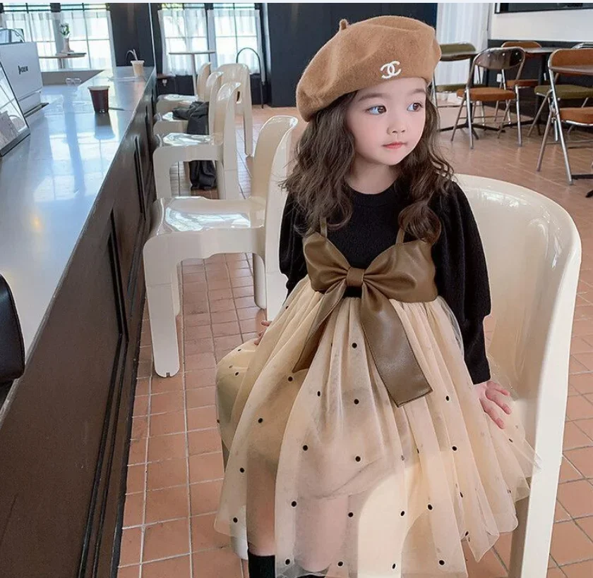 Princess Dress for Baby Girl Black long Sleeved Patchwork Mesh Skirt Korean Style Birthday Party Clothing for Toddler 0-3 Years