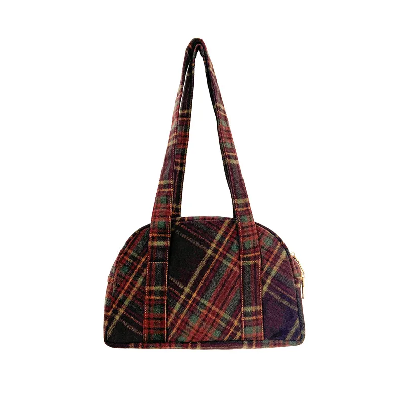 Women Winter Boston Shoulder Bag Vintage Red Woolen Plaid Handbag Light Weight Durable College Style Casual Phone Tote Pouch