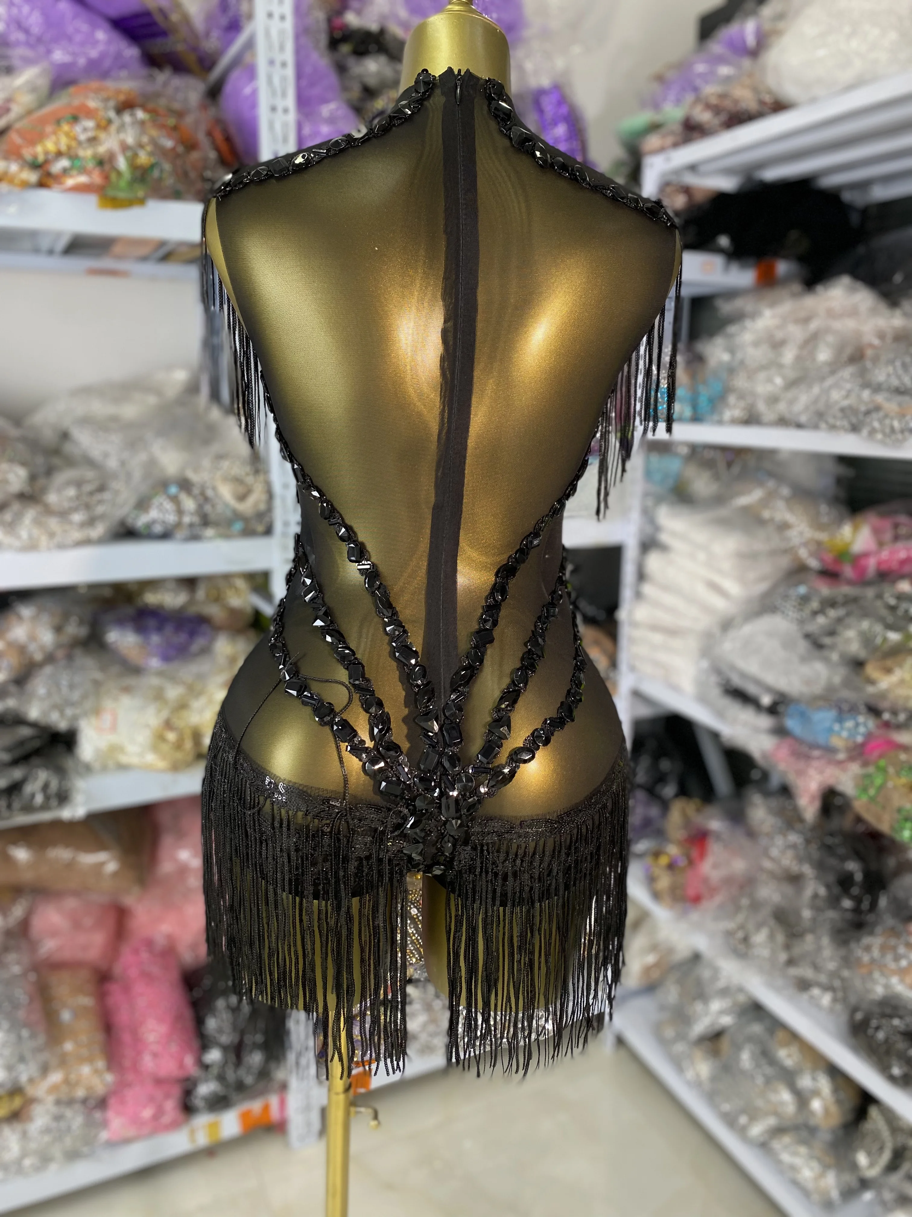 Wanita Seksi Hitam Berlian Imitasi Rumbai Jala Tipis Melihat Melalui Pakaian Bermain Penyanyi Penari Pertunjukan Kostum Panggung Merayakan Pesta Klub Malam