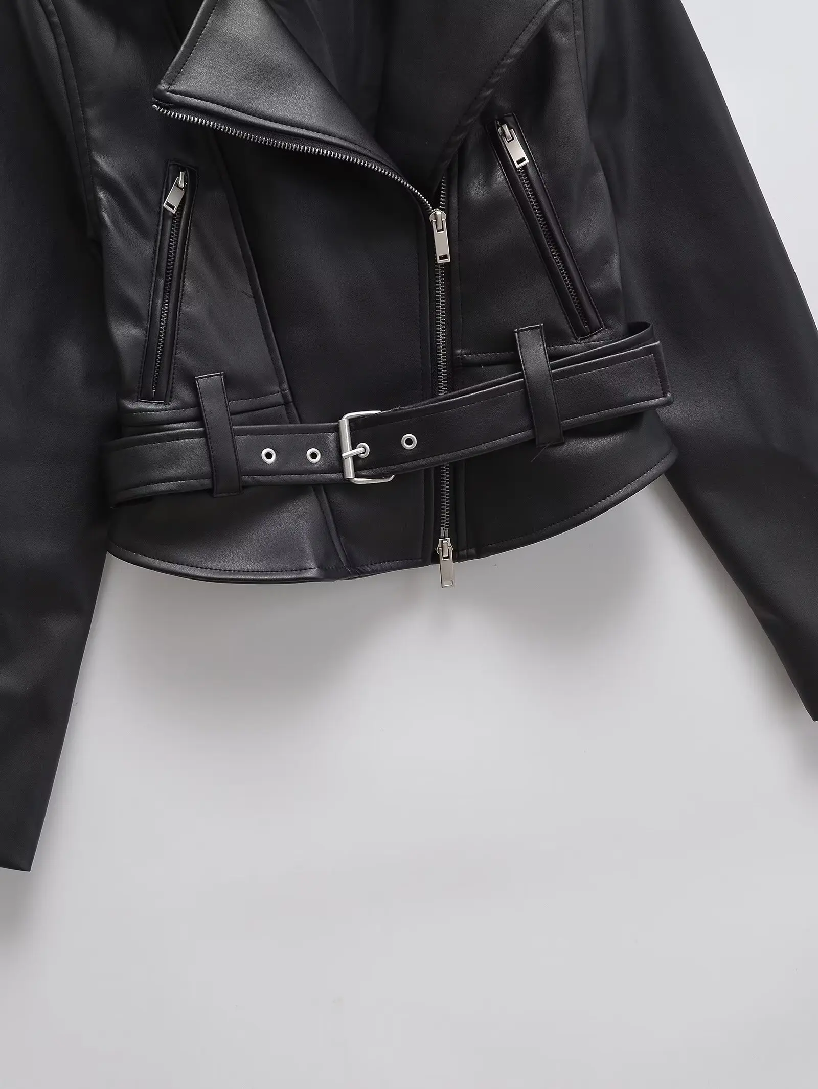 RZRA Leather Jacket 2024 Autumn New Solid Color Lapel Long Sleeve Belt Lost God Short Fake Leather Jacket Coat Women