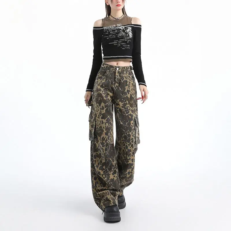 High street leopardo impresso jeans feminino solto ajuste streetwear senhoras novas calças y2k