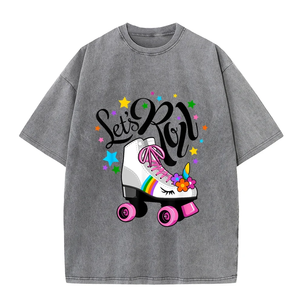 Let's Roll Unicorn. Roller Skate fun party girl's T-Shirt Y2k Clothes 티셔츠 Plus Size Clothing Pink Round Neck Tee Summer Top