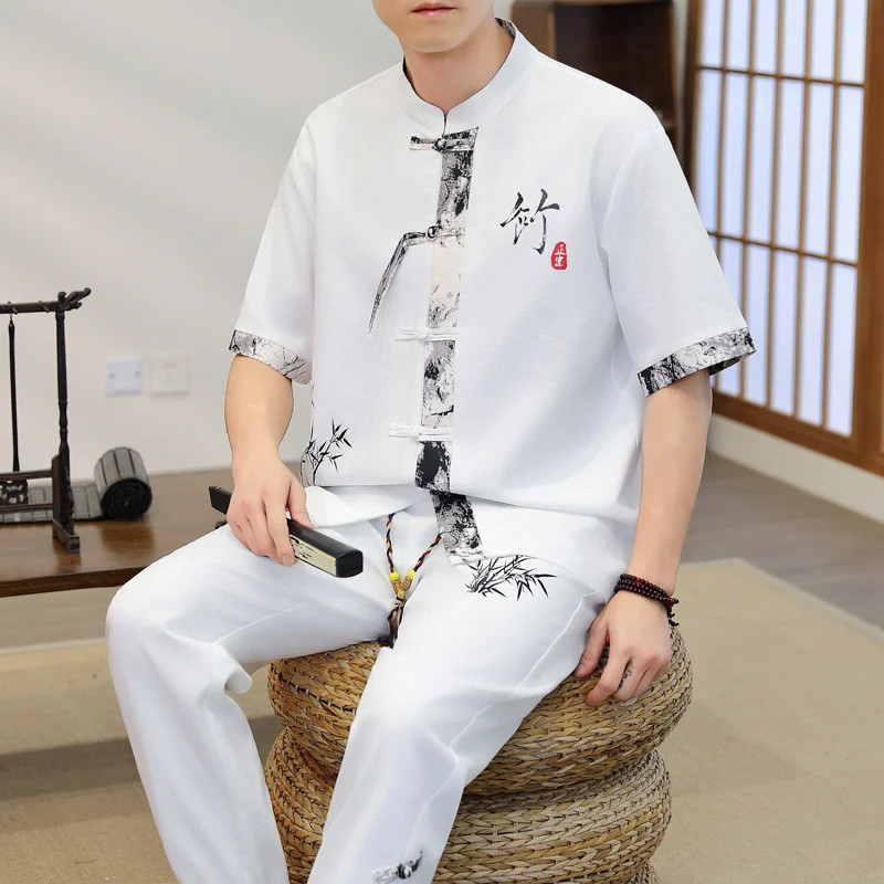 2026 spring Men's Casual Sets Chinese style Shirts + Pants summer 100% Cotton Sportswear Male Fashion Chinesestyle trouser view 2