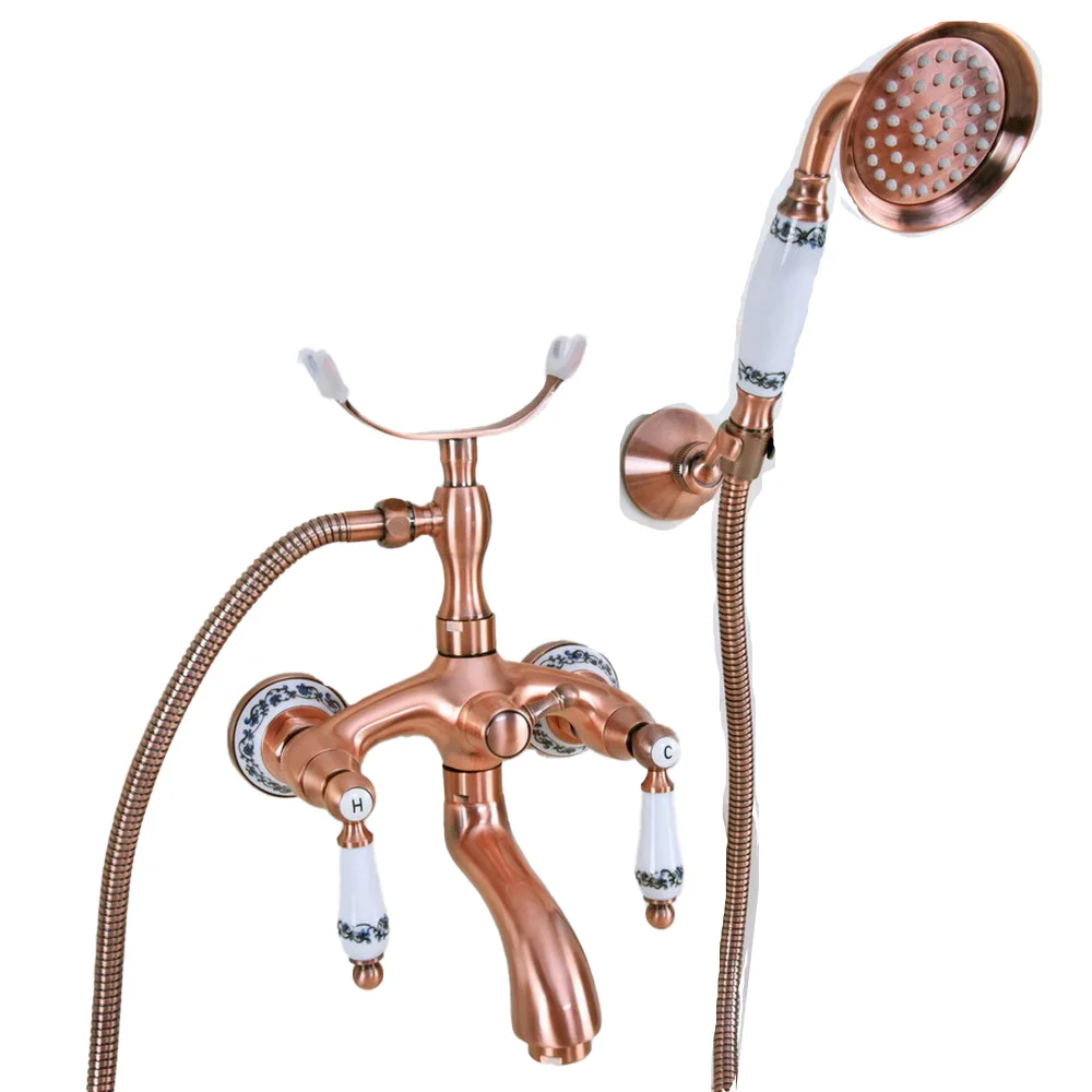 

Antique Red Copper Brass Bath Shower Faucet Set Dual Knobs Wall Mounted Bathtub Mixers with Handheld Shower Swivel Tub Lna367