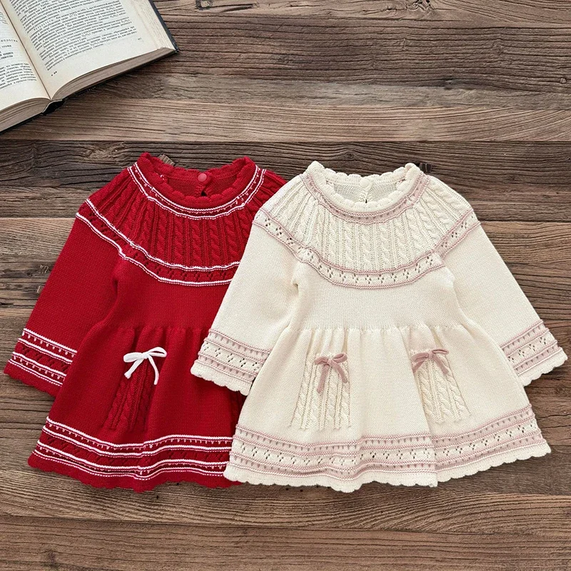 

Baby Sweater Knitted Dress Girl Christmas Red Knitted Dress Warm Sweater Dress Girls Infant Casual Bow Princess Dresses Vestidos