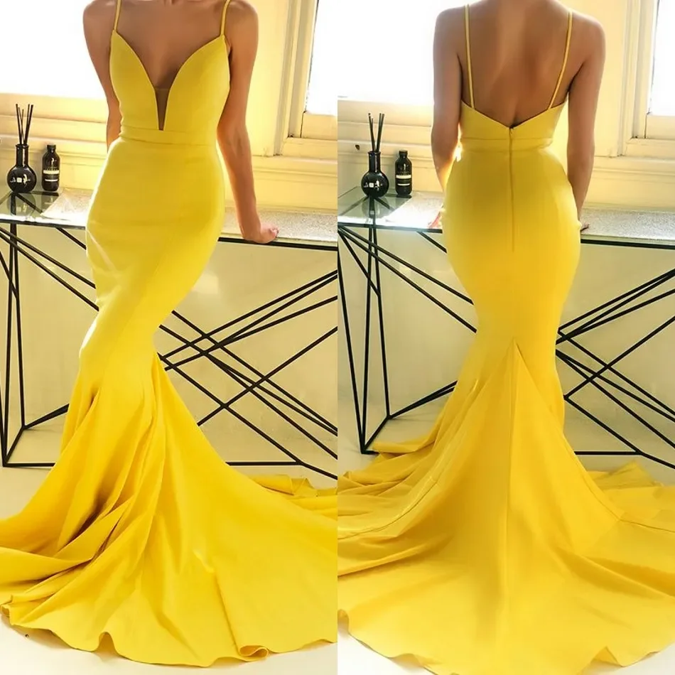 Robe de Soirée en Satin à Bretelles Élégantes pour Femme, Tenue de Sirène Italienne, Longue Boule, Sexy, Col en V, Couleur Jaune