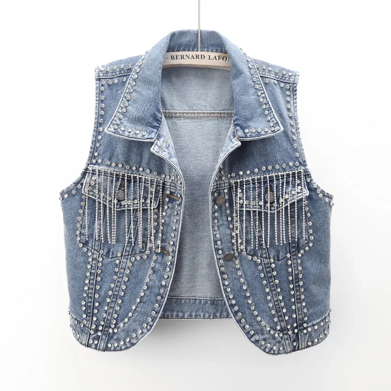 Sommer Neue Diamanten Quasten Große Tasche Denim Westen Frauen Weste Casual Cowboy Ärmellose Jacke Dünne Kurze Jeans Weste Weibliche