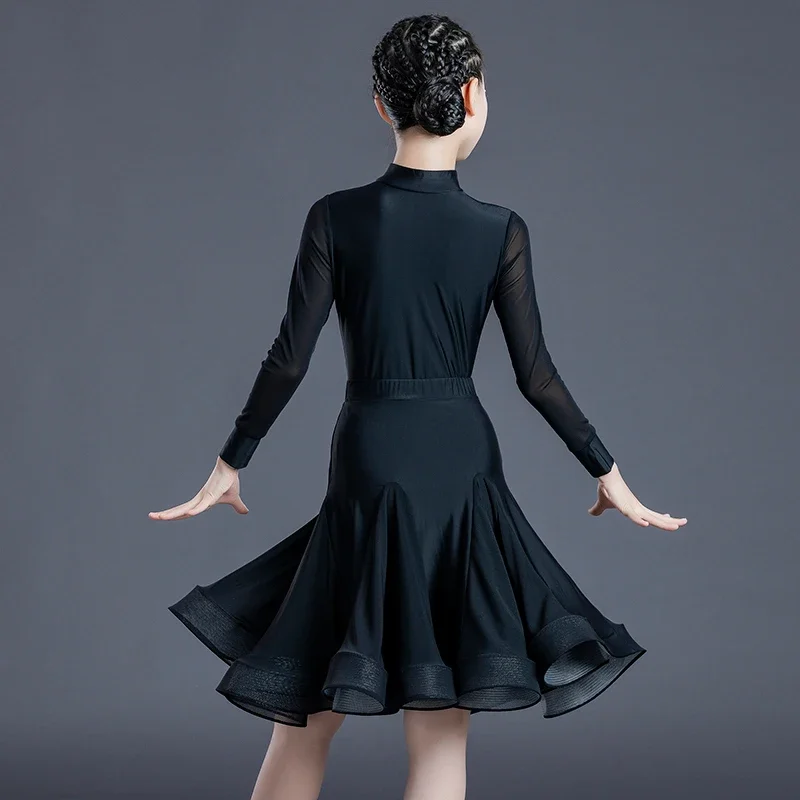 Girls Latin Dance Clothes Black Long Sleeves Dress Kids Cha Cha Ballroom Dance Competition Clothing Rumba Dance Dress DNV16736