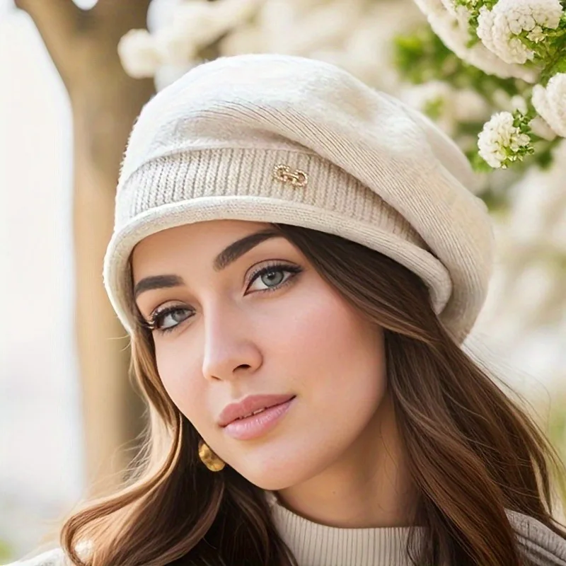 1 peça, gorro feminino de lã elástica com bolso, boné de malha acrílica macia e aconchegante para outono e inverno