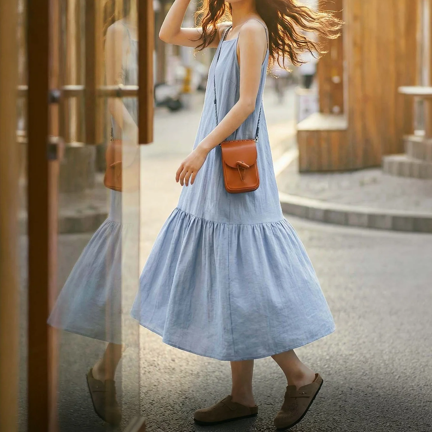 

Maden Women's Light Blue Linen Cami Maxi Dress Sleeveless A Line Tiered Flowy Loose Casual Summer Breathable Elegant Daily Dress