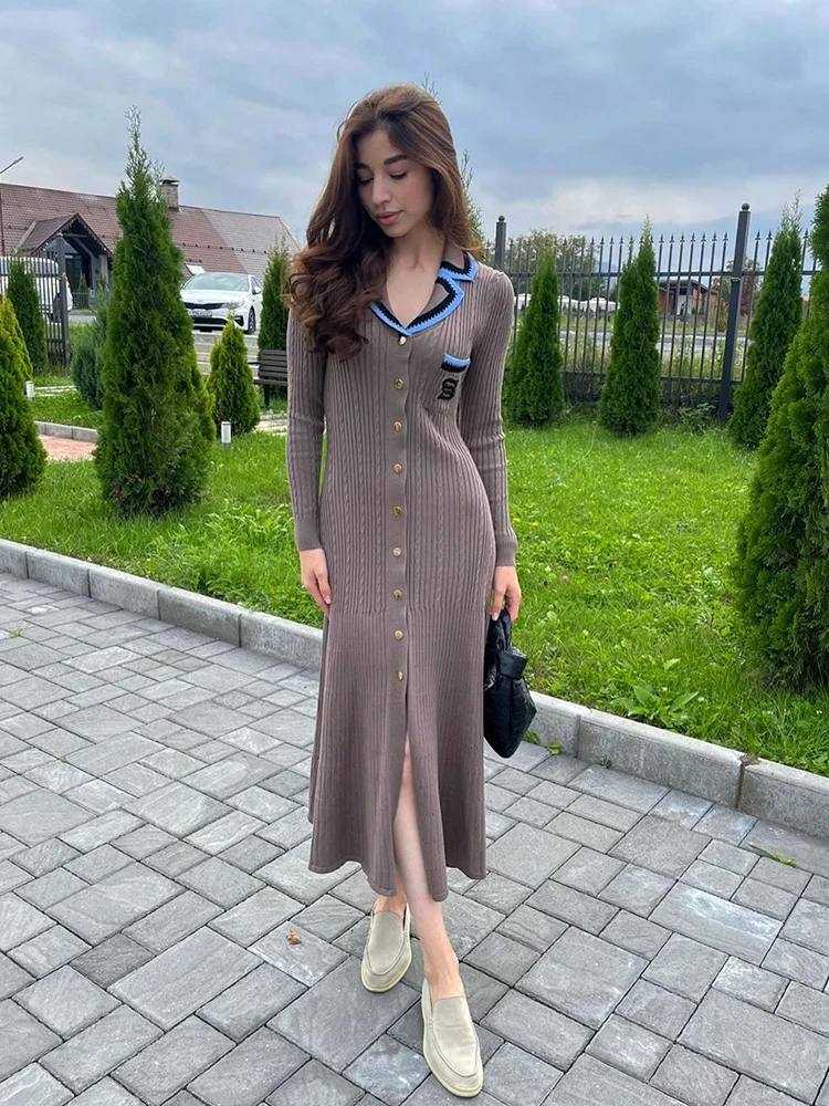 

Vintage Knitted Long Dress Women Autumn Winter Fashion Chic Office Lady Buttons Polo Collar Elegant Dresses Street Bodycon Robes