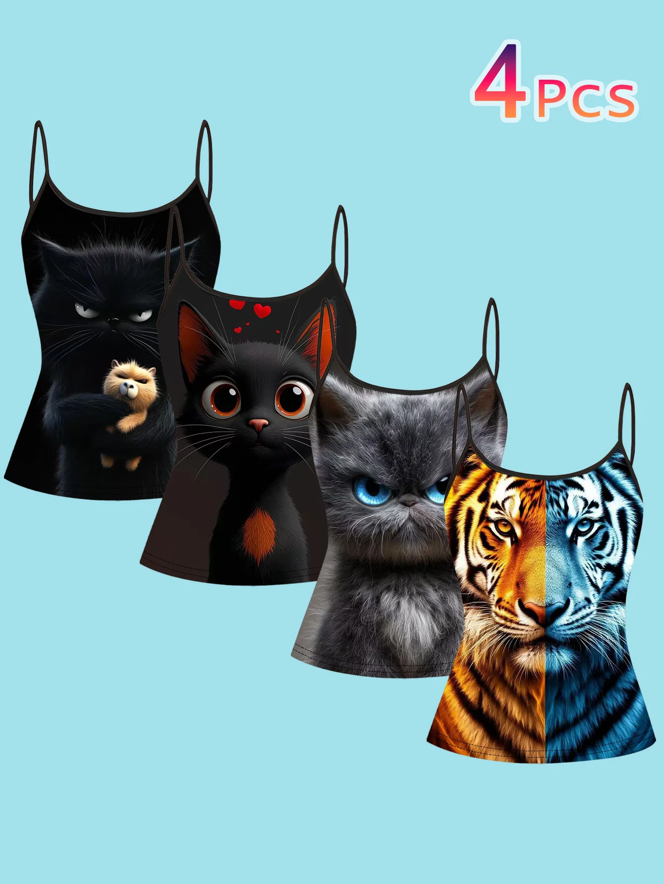4-Piece Set of Women's Spaghetti Strap Camisoles with Cute and Realistic Cat and Tiger Animal Art Prints, Slim-Fit Sleeveless Tops