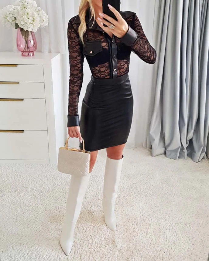 

Sexy Turn-Down Collar Long Sleeve Contrast Lace Bodycon Dress Button Front Slim Fit Mini Dress 2025 Autumn Winter Fashion Casual