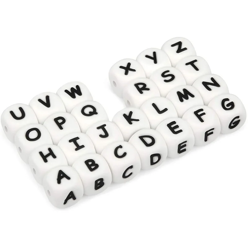 

12mm 104Pcs/Lot Silicone White/Black English Letters Beads Baby Nursing Chewable Teething Beads Teether DIY Necklace Accessories