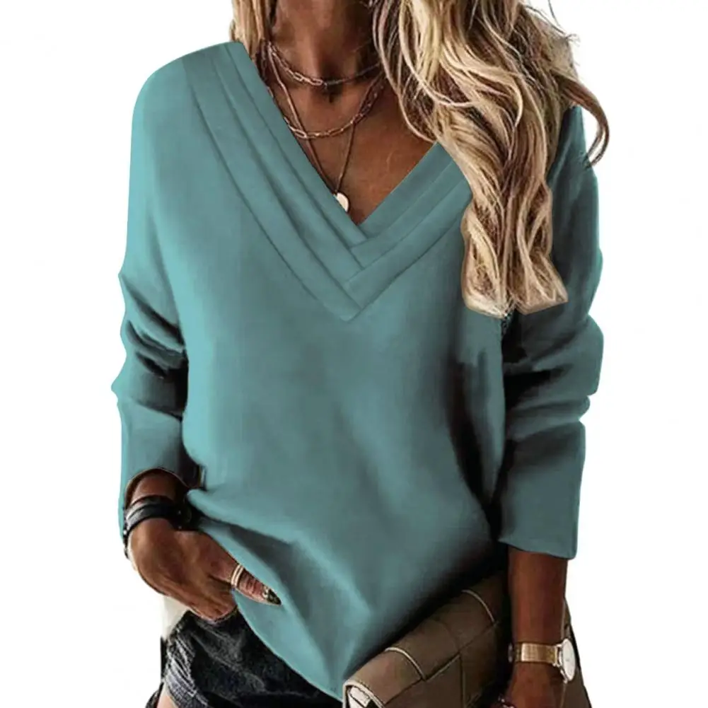 

V-Neck Solid Color Long Sleeve Top Women's Elegant Autumn Spring Pullover T-Shirt Lady Blouse Sweatshirt