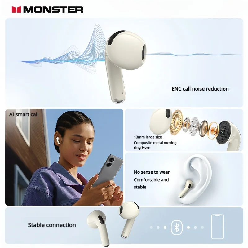 Monster N-lite 208 Wireless Headphones TWS HiFi Stereo Bluetooth 5.4 Earphones with Mic Call Noise Reduction IPX5 Waterproof