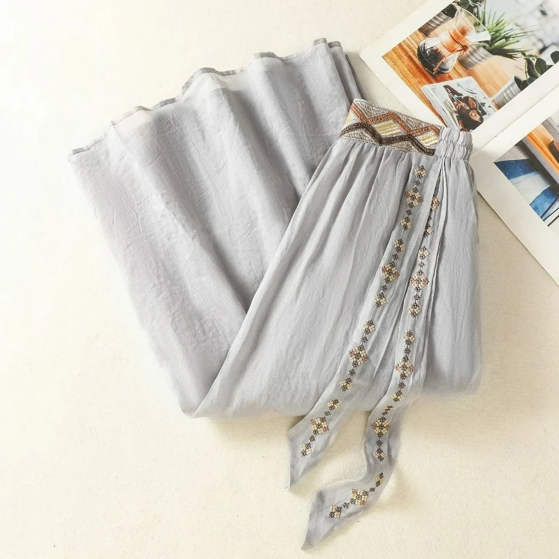 

2025 New Summer Thin Ramie Embroidery Skirt Women High Waist Vintage Literary Big Swing All Match Womens Skirts