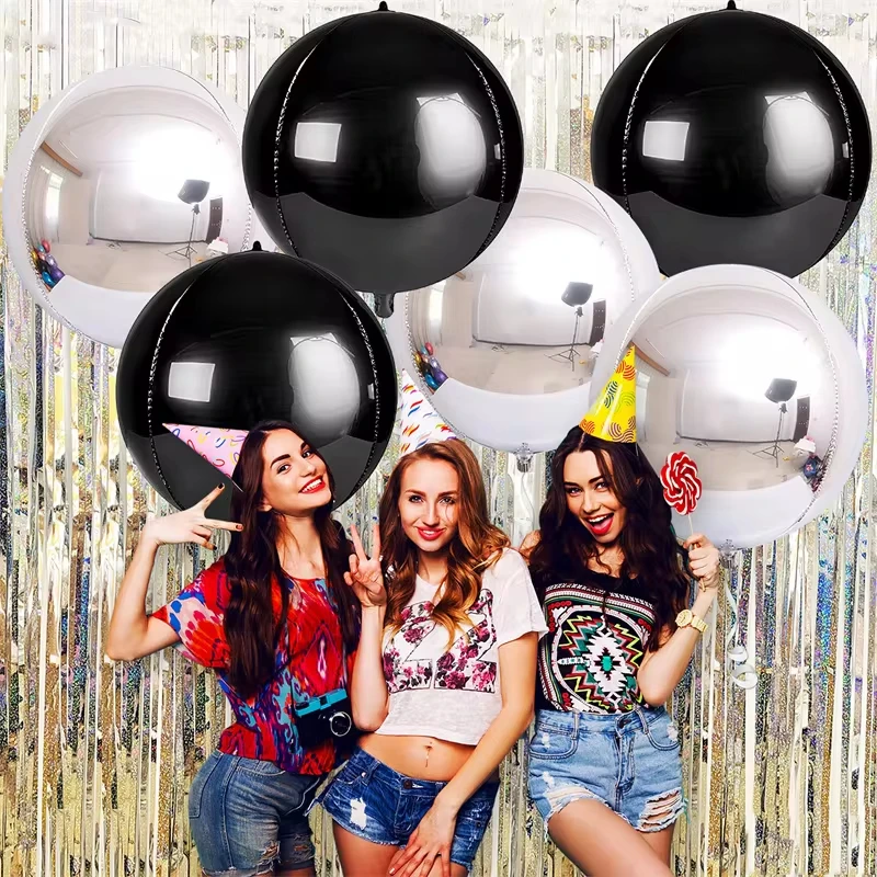 6Pcs Black and Silver 22Inch 4D Foil Balloons for Disco Theme Party New Year Eve Graduation Birthday Wedding Festival Prom Decor