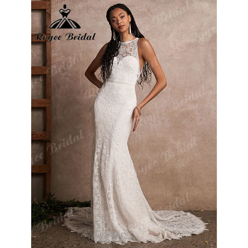 Roycebridal-vestido de Novia de encaje con ilusión Bohemia, traje Sexy de sirena/trompeta, personalizado, corte sirena, 2023