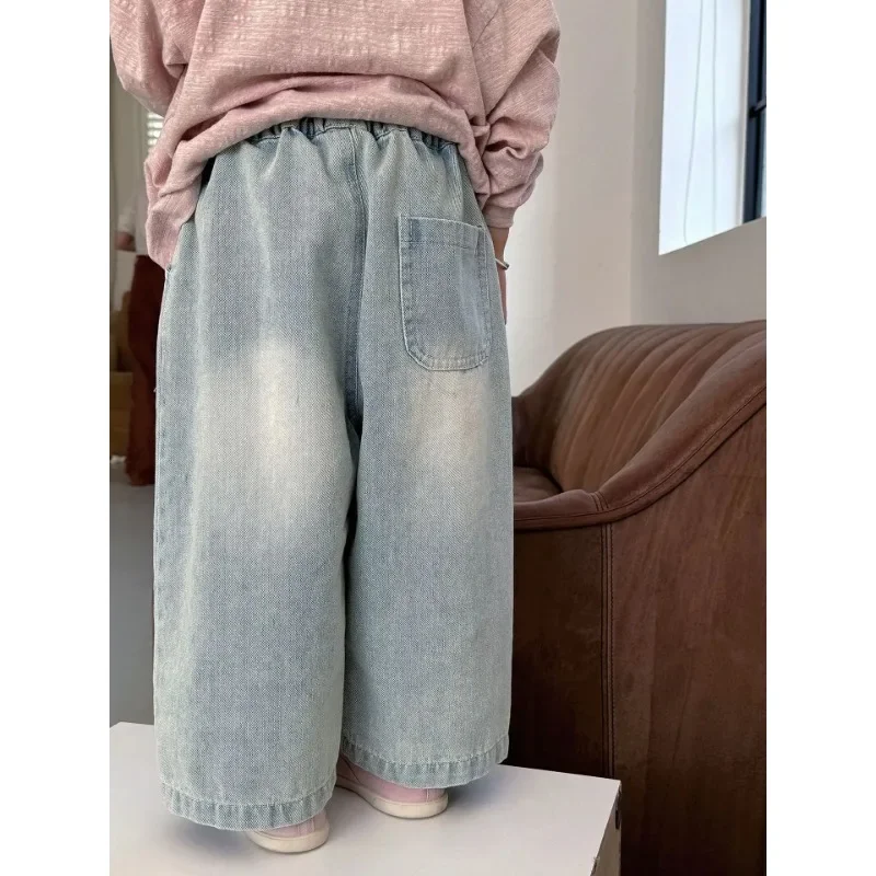 Kids Pants Korean Children Clothing Cowboy Straight Leg Pants Spring Causal Motion Versatile Trousers 2024 Elastic Waist