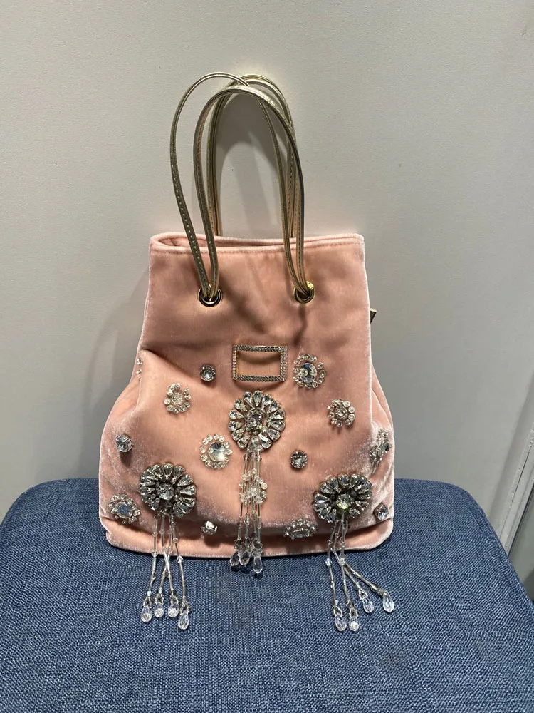 Sweet Ladies Party Shiny Diamonds Tassels Velvet Bucket Bag Women Fashion Crystal Mini Totes Handbag Casual Pink Shoulder Bags