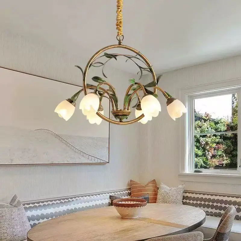 

Зеленые стеклянные светодиодные люстры в форме цветка, винтажные французские подвесные светильники для спальни, гостиной, столовой, углов виллы, скандинавские подвесные лампы