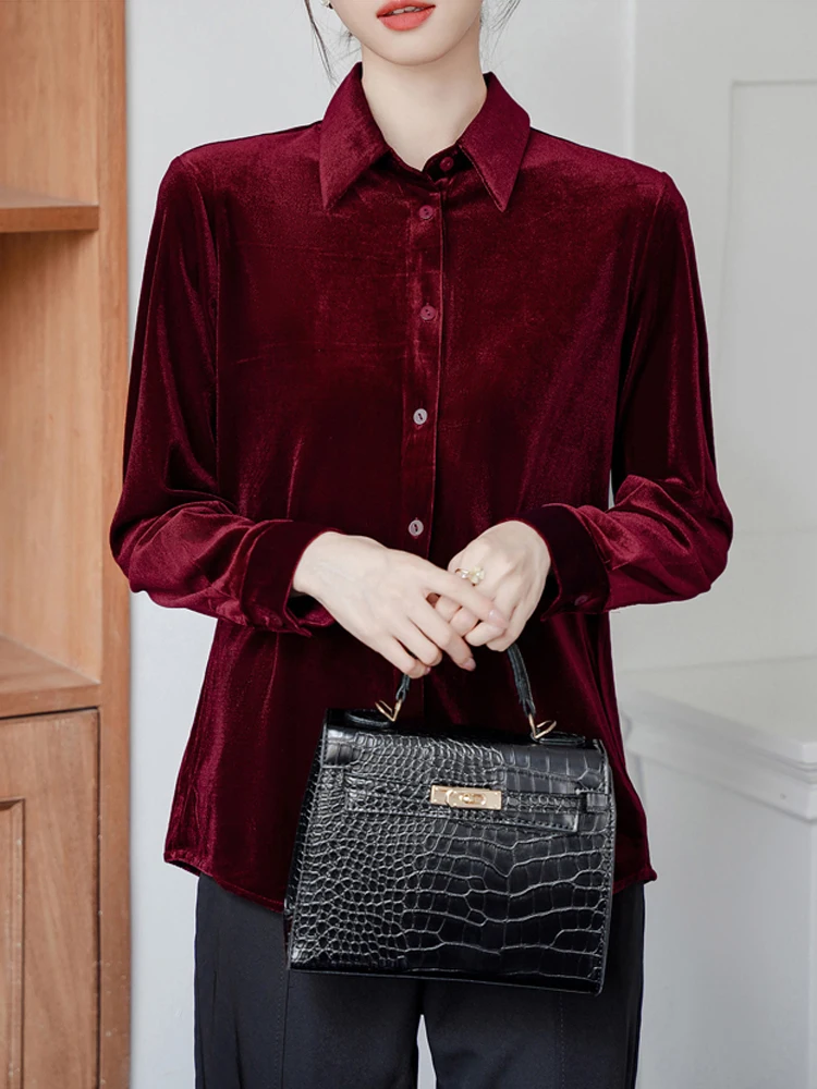 Vintage Wine Red Long Sleeve Blouse Autumn Winter Velvet Chic Versatile Women\'s Clothing Sales Gentle Style Tops Office Lady New