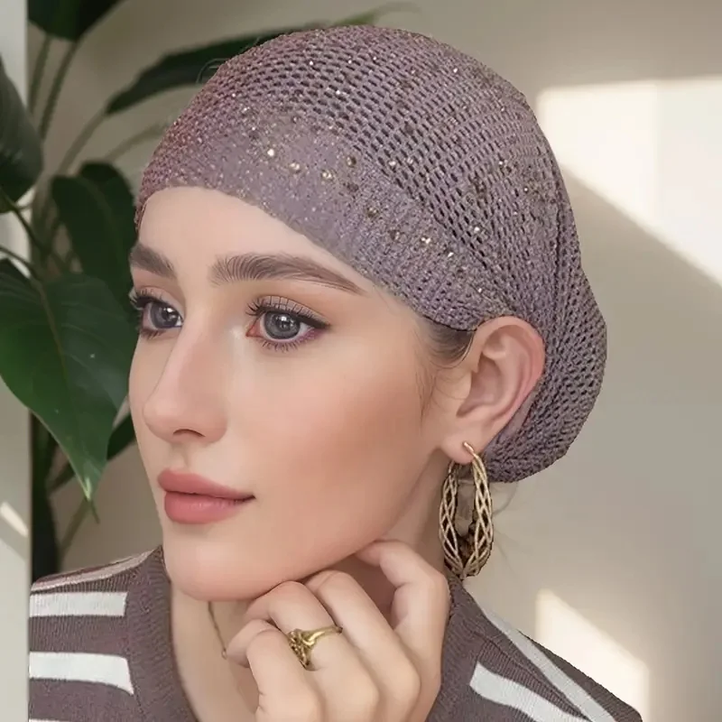 

1pc Breathable Mesh Diamond Turban Hat Elastic Women Summer Lace Head Cover Cap Muslim Headscarf Bonnet Lady Hair Loss Hat ﻿