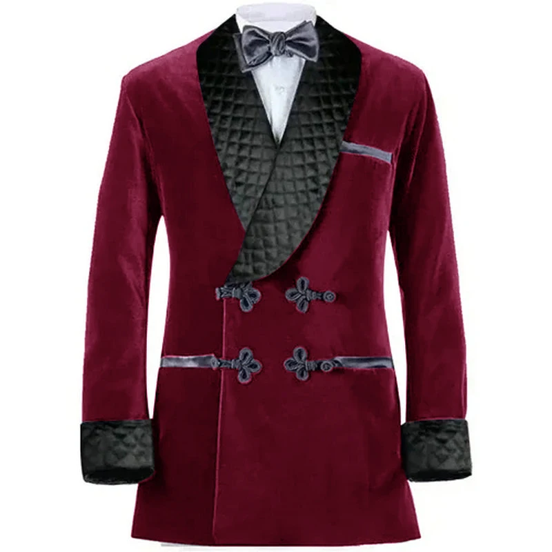 Men Suits Double Breasted Jacket Groom Tuxedos for Wedding Party Slim Fit 2 Pieces Burgundy Velvet Smoking Blazer 2024