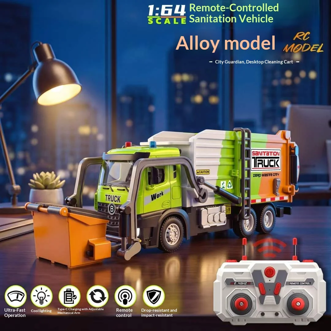 1: 64 alloy remote control mini desktop garbage truck toy car 2.4G with lighting anti fall engineering car