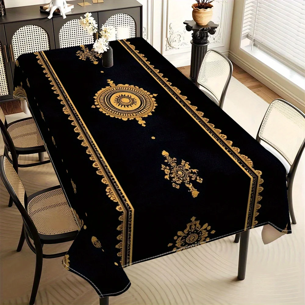 Elegant Black Gold Damask Tablecloth Waterproof Dining Table Runner for Home Decor Centerpiece